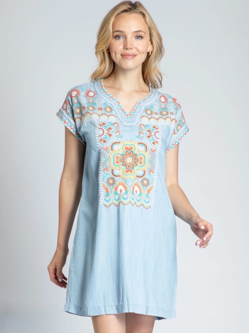 APNY Floral Embroidered V-Neck Tunic Dress NWT